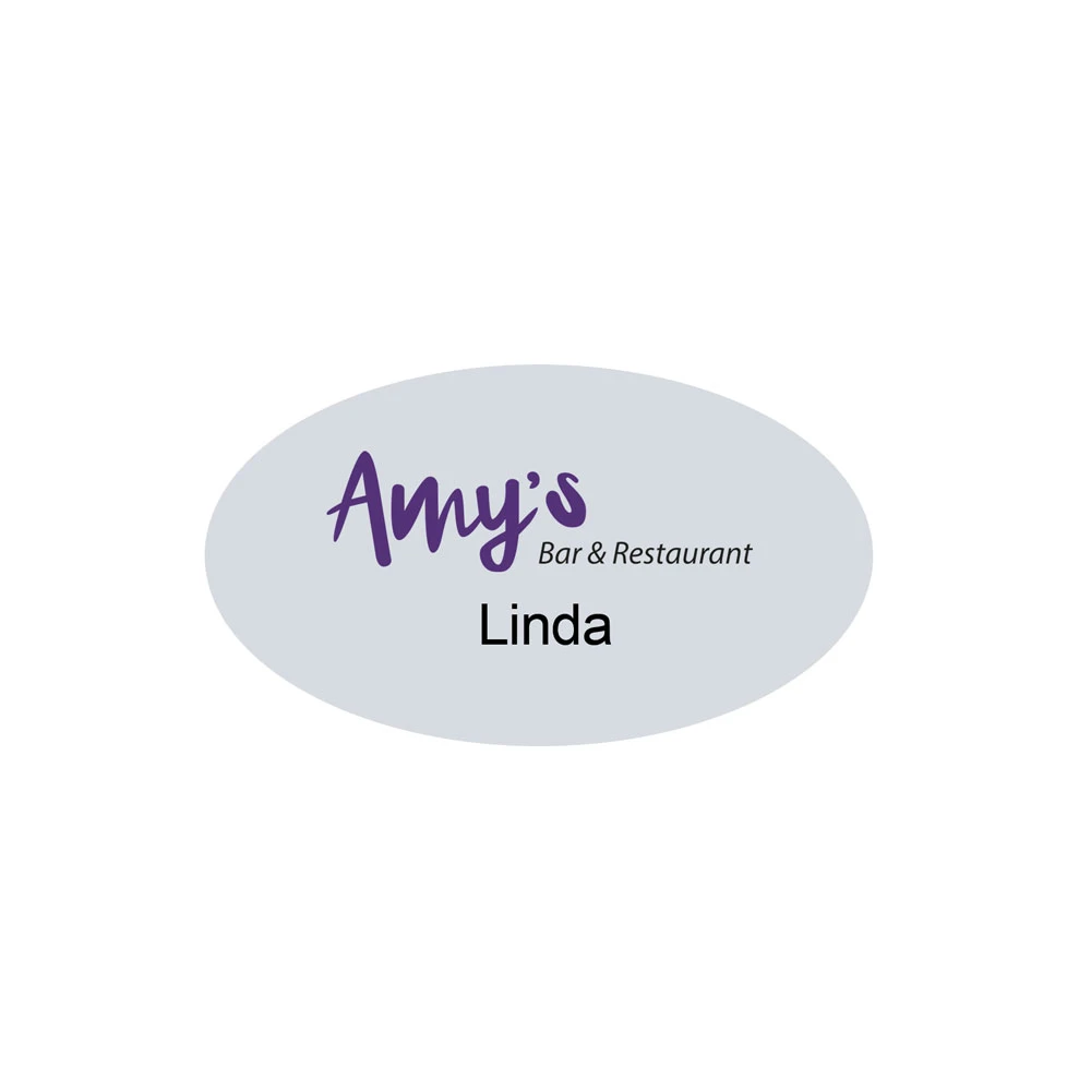 Oval white name tag with logo